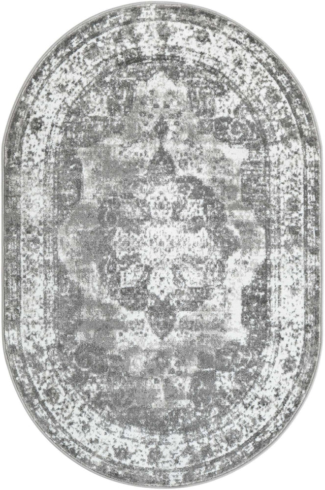 Gray 4' 1 x 6' 1 Sofia Oval Area Rug Durable Easy Clean Stain Resistant Unique Carpet for Affordable Interior Home Design for Sale at Rug Engine