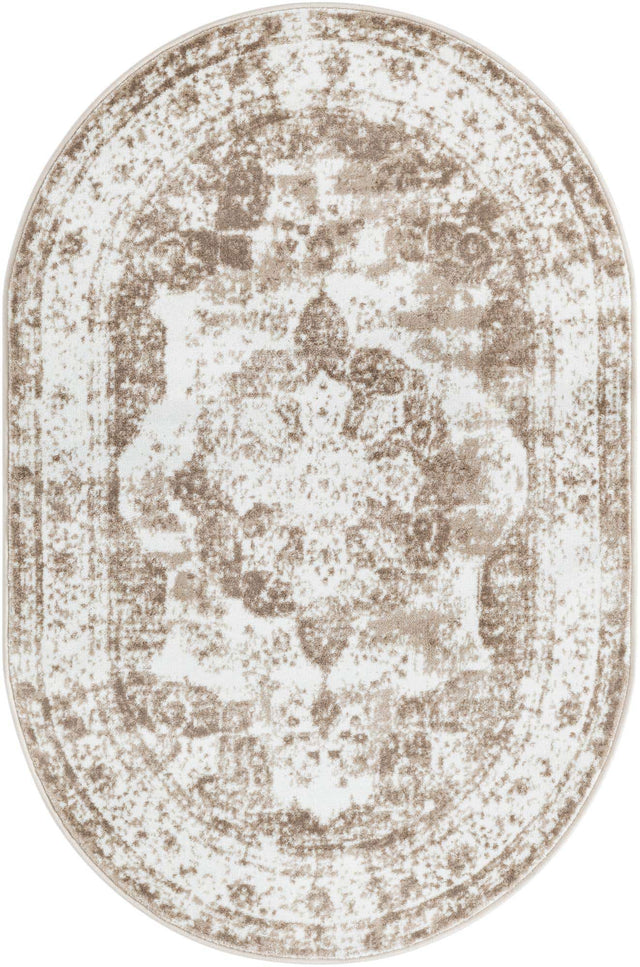 Beige 4' 1 x 6' 1 Sofia Oval Area Rug Durable Easy Clean Stain Resistant Unique Carpet for Affordable Interior Home Design for Sale at Rug Engine