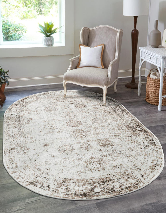 Beige 5' 3 x 8' Sofia Oval Area Rug Durable Easy Clean Stain Resistant Unique Carpet for Affordable Interior Home Design for Sale at Rug Engine