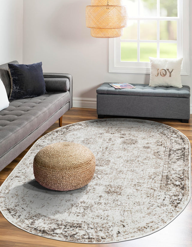 Beige 5' 3 x 8' Sofia Oval Area Rug Durable Easy Clean Stain Resistant Unique Carpet for Affordable Interior Home Design for Sale at Rug Engine