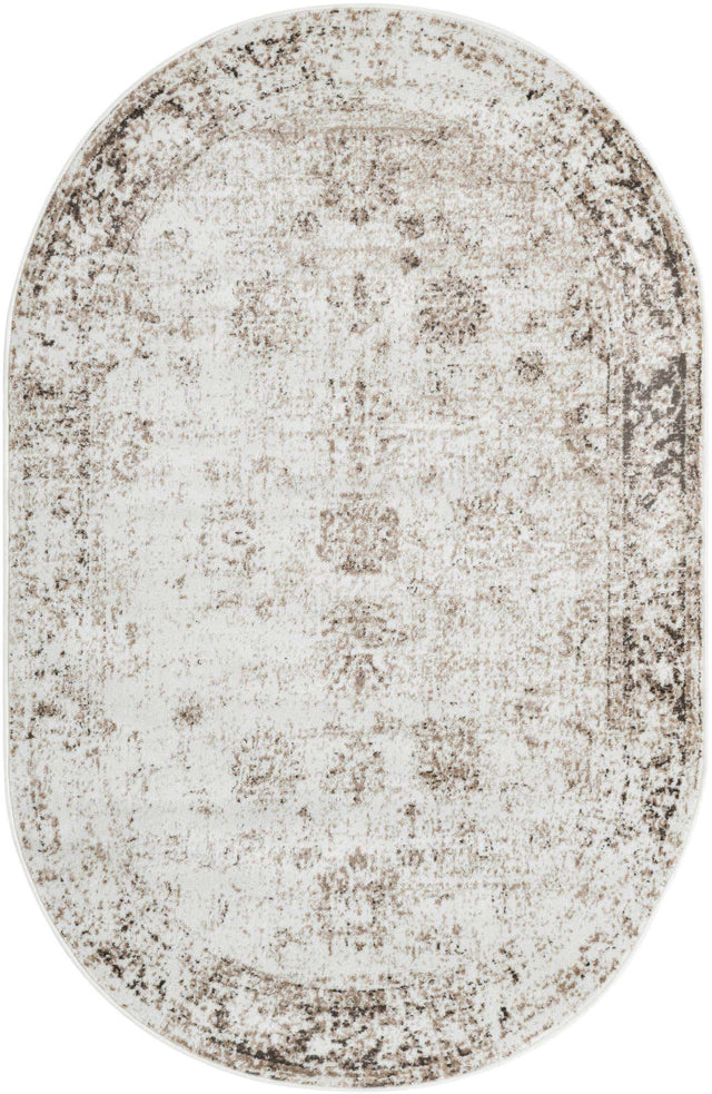 Beige 5' 3 x 8' Sofia Oval Area Rug Durable Easy Clean Stain Resistant Unique Carpet for Affordable Interior Home Design for Sale at Rug Engine