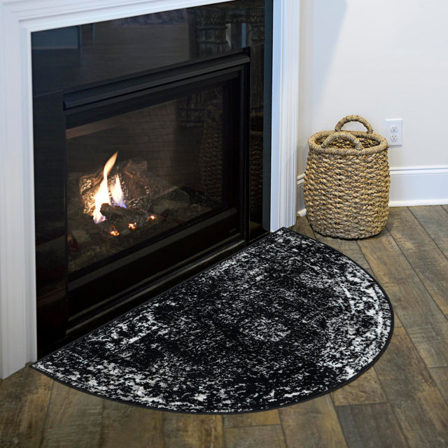 Black 3' 1 x 6' 1 Sofia Hearth Half-Round Semicircle Area Rug Durable Easy Clean Stain Resistant Unique Carpet for Affordable Interior Home Design for Sale at Rug Engine