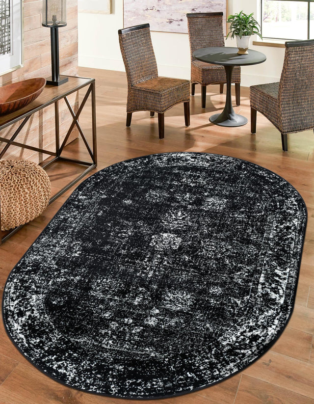 Black 4' 1 x 6' 1 Sofia Oval Area Rug Durable Easy Clean Stain Resistant Unique Carpet for Affordable Interior Home Design for Sale at Rug Engine