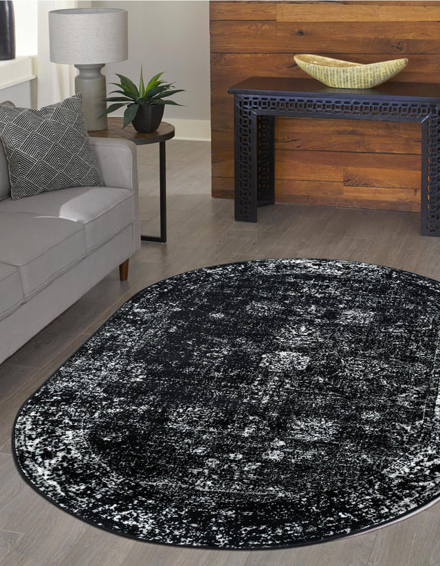 Black 7' 10 x 10' Sofia Oval Area Rug Durable Easy Clean Stain Resistant Unique Carpet for Affordable Interior Home Design for Sale at Rug Engine
