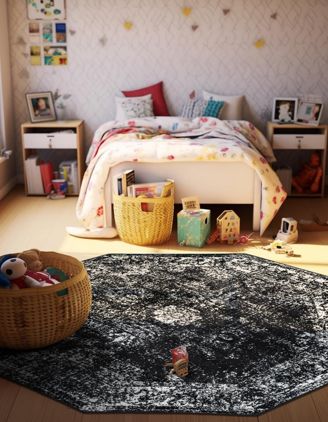 Black 7' 10 x 7' 10 Sofia Octagon Area Rug Durable Easy Clean Stain Resistant Unique Carpet for Affordable Interior Home Design for Sale at Rug Engine