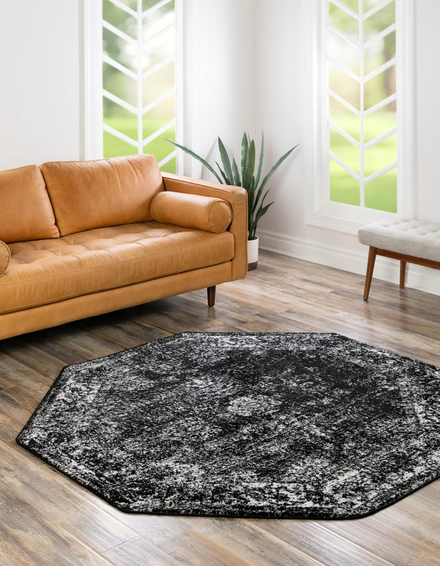 Black 6' 1 x 6' 1 Sofia Octagon Area Rug Durable Easy Clean Stain Resistant Unique Carpet for Affordable Interior Home Design for Sale at Rug Engine