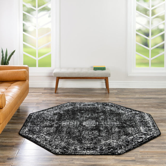 Black 4' 1 x 4' 1 Sofia Octagon Area Rug Durable Easy Clean Stain Resistant Unique Carpet for Affordable Interior Home Design for Sale at Rug Engine
