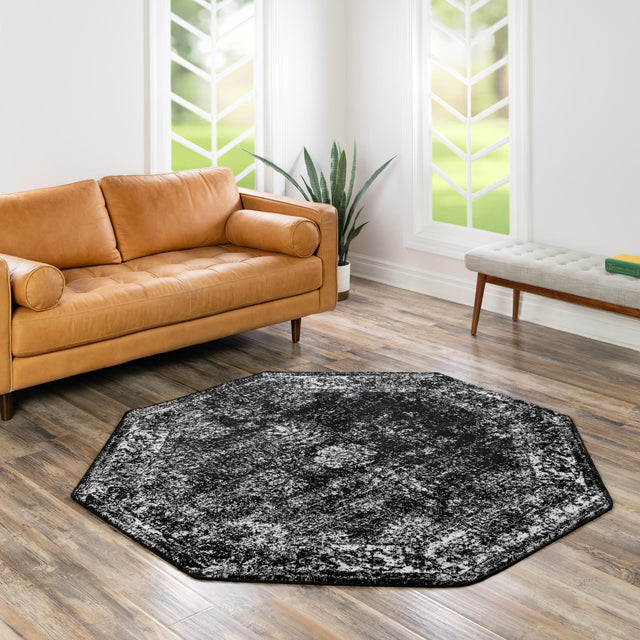 Black 4' 1 x 4' 1 Sofia Octagon Area Rug Durable Easy Clean Stain Resistant Unique Carpet for Affordable Interior Home Design for Sale at Rug Engine