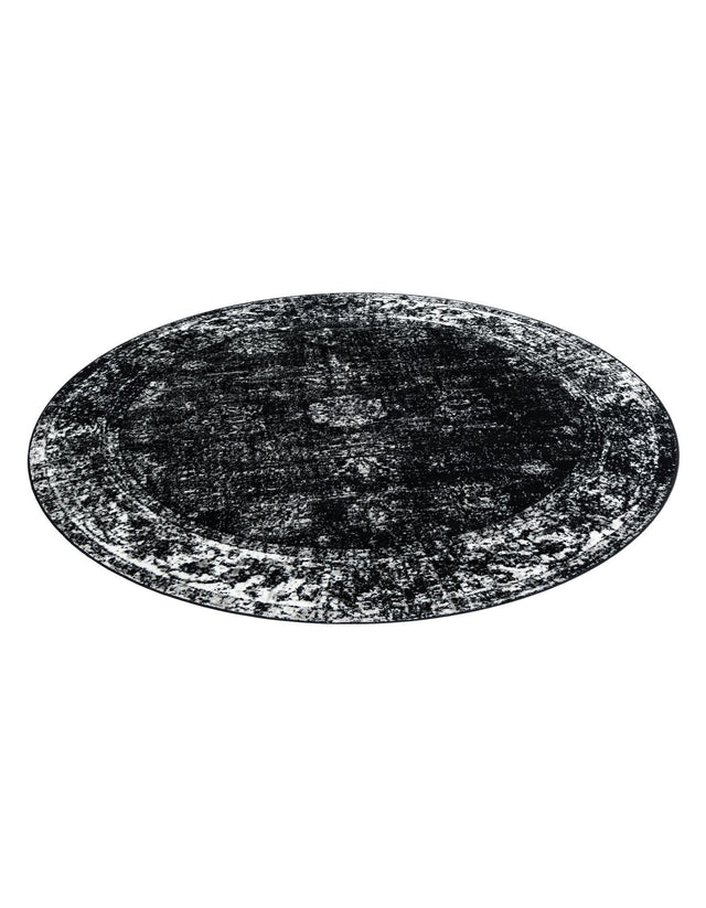 Black 7' 10 x 7' 10 Sofia Round Area Rug Durable Easy Clean Stain Resistant Unique Carpet for Affordable Interior Home Design for Sale at Rug Engine