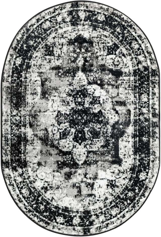 Black 4' 1 x 6' 1 Sofia Oval Area Rug Durable Easy Clean Stain Resistant Unique Carpet for Affordable Interior Home Design for Sale at Rug Engine