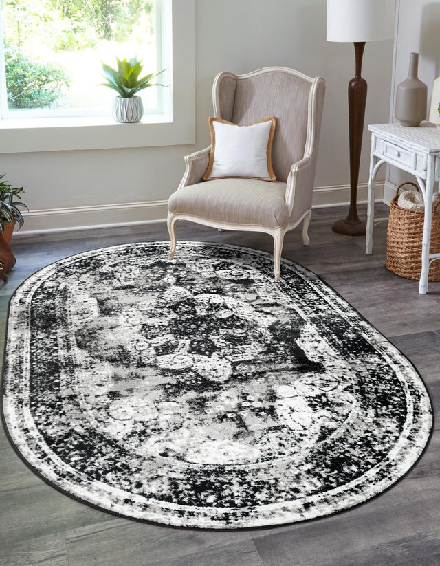 Black 7' 10 x 10' Sofia Oval Area Rug Durable Easy Clean Stain Resistant Unique Carpet for Affordable Interior Home Design for Sale at Rug Engine