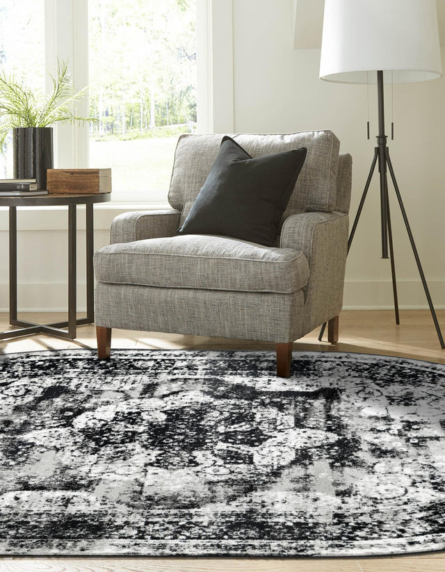Black 7' 10 x 10' Sofia Oval Area Rug Durable Easy Clean Stain Resistant Unique Carpet for Affordable Interior Home Design for Sale at Rug Engine