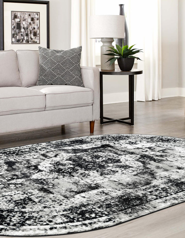 Black 7' 10 x 10' Sofia Oval Area Rug Durable Easy Clean Stain Resistant Unique Carpet for Affordable Interior Home Design for Sale at Rug Engine