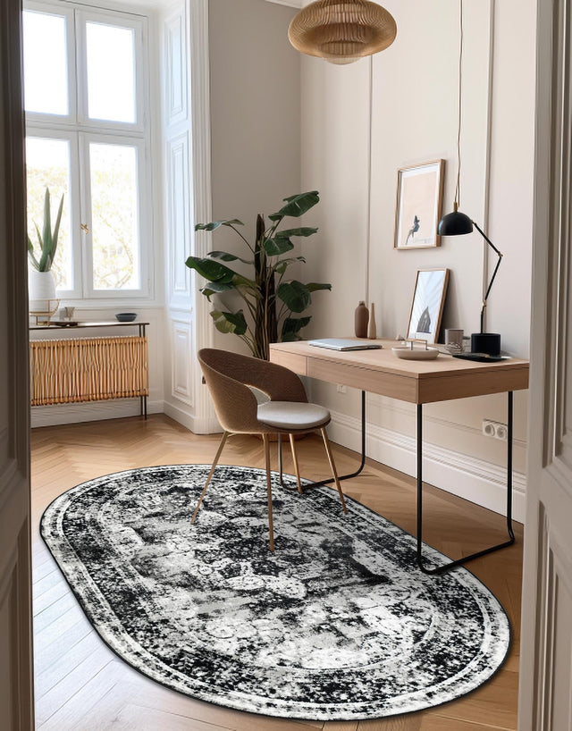 Black 7' 10 x 10' Sofia Oval Area Rug Durable Easy Clean Stain Resistant Unique Carpet for Affordable Interior Home Design for Sale at Rug Engine