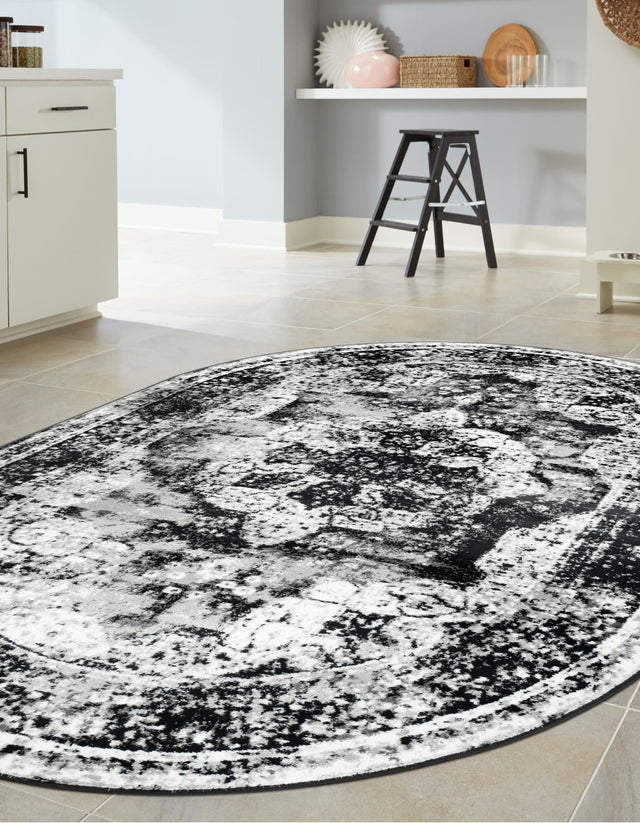 Black 7' 10 x 10' Sofia Oval Area Rug Durable Easy Clean Stain Resistant Unique Carpet for Affordable Interior Home Design for Sale at Rug Engine