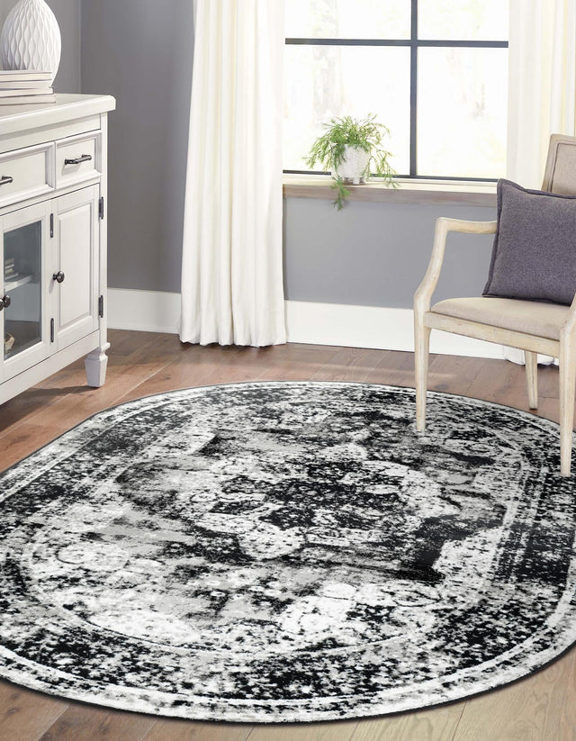 Black 4' 1 x 6' 1 Sofia Oval Area Rug Durable Easy Clean Stain Resistant Unique Carpet for Affordable Interior Home Design for Sale at Rug Engine