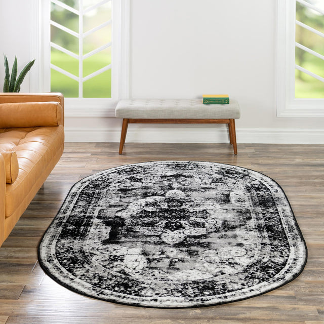 Black 7' 10 x 10' Sofia Oval Area Rug Durable Easy Clean Stain Resistant Unique Carpet for Affordable Interior Home Design for Sale at Rug Engine