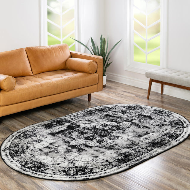 Black 7' 10 x 10' Sofia Oval Area Rug Durable Easy Clean Stain Resistant Unique Carpet for Affordable Interior Home Design for Sale at Rug Engine