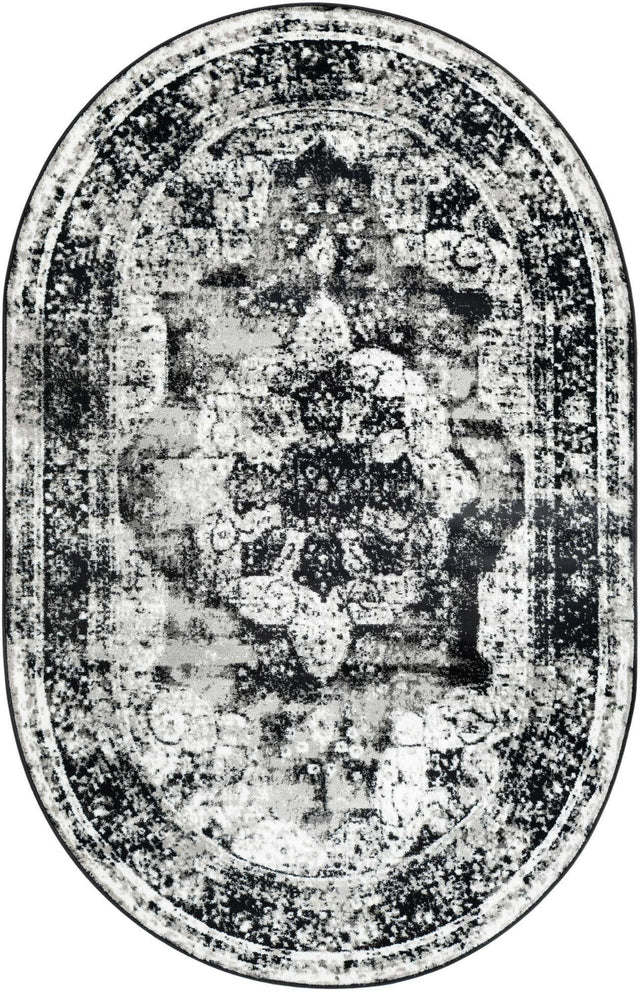 Black 5' 3 x 8' Sofia Oval Area Rug Durable Easy Clean Stain Resistant Unique Carpet for Affordable Interior Home Design for Sale at Rug Engine