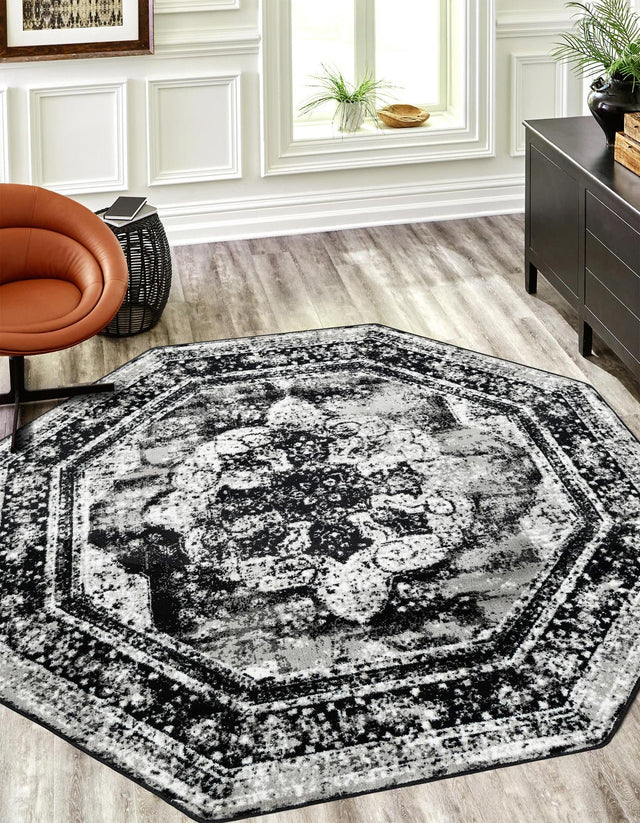 Black 4' 1 x 4' 1 Sofia Octagon Area Rug Durable Easy Clean Stain Resistant Unique Carpet for Affordable Interior Home Design for Sale at Rug Engine