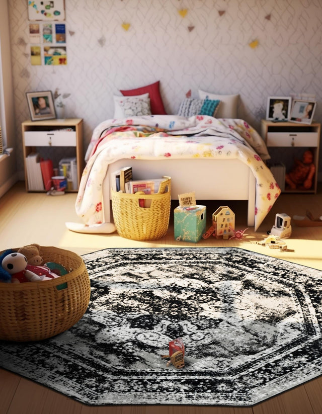 Black 4' 1 x 4' 1 Sofia Octagon Area Rug Durable Easy Clean Stain Resistant Unique Carpet for Affordable Interior Home Design for Sale at Rug Engine