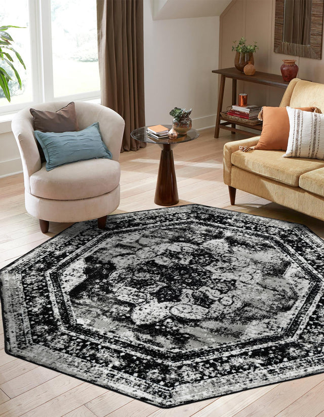 Black 6' 1 x 6' 1 Sofia Octagon Area Rug Durable Easy Clean Stain Resistant Unique Carpet for Affordable Interior Home Design for Sale at Rug Engine