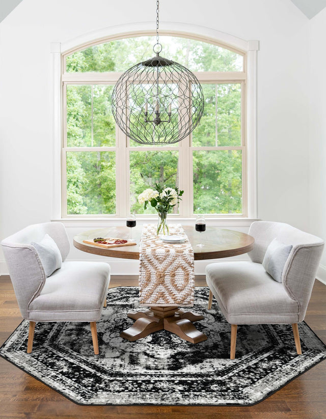 Black 6' 1 x 6' 1 Sofia Octagon Area Rug Durable Easy Clean Stain Resistant Unique Carpet for Affordable Interior Home Design for Sale at Rug Engine