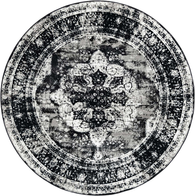 Black 7' 10 x 7' 10 Sofia Round Area Rug Durable Easy Clean Stain Resistant Unique Carpet for Affordable Interior Home Design for Sale at Rug Engine
