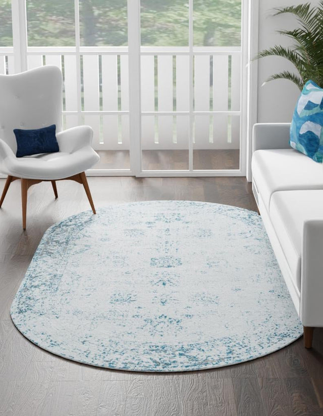 Light Blue 4' 1 x 6' 1 Sofia Oval Area Rug Durable Easy Clean Stain Resistant Unique Carpet for Affordable Interior Home Design for Sale at Rug Engine
