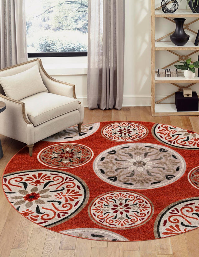 Terracotta 7' 1 x 7' 1 Outdoor Modern Round Area Rug Weather Resistant for Patio, Deck, Terrace, Balcony, Porch 100% Polypropylene Modern Outside Carpet for Sale at Rug Engine