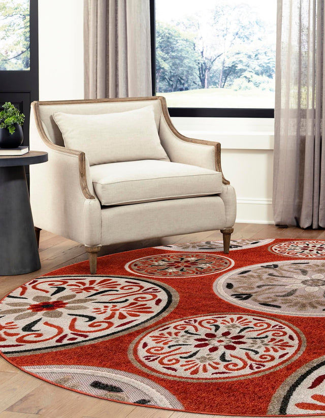 Terracotta 7' 10 x 7' 10 Outdoor Modern Round Area Rug Weather Resistant for Patio, Deck, Terrace, Balcony, Porch 100% Polypropylene Modern Outside Carpet for Sale at Rug Engine