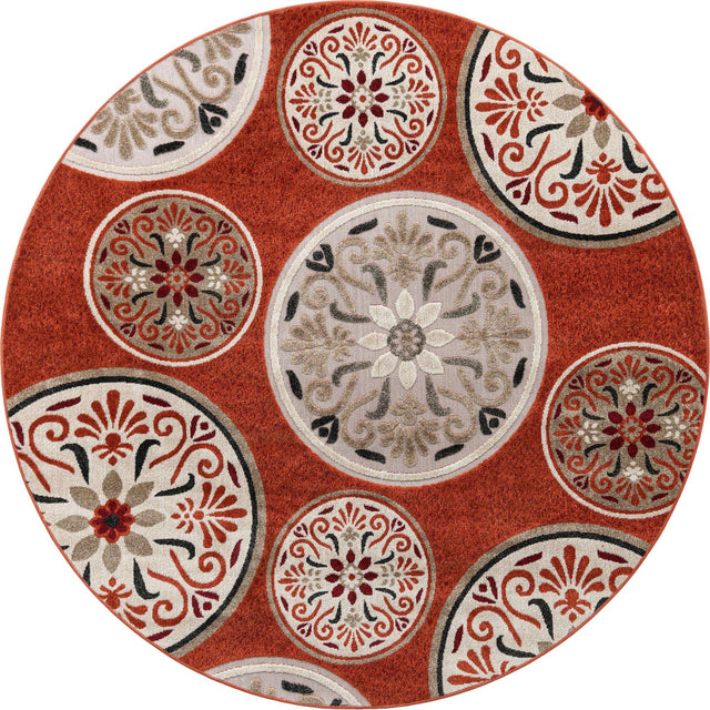 Terracotta 7' 1 x 7' 1 Outdoor Modern Round Area Rug Weather Resistant for Patio, Deck, Terrace, Balcony, Porch 100% Polypropylene Modern Outside Carpet for Sale at Rug Engine