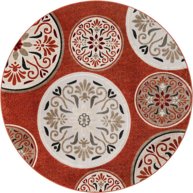 Terracotta 7' 10 x 7' 10 Outdoor Modern Round Area Rug Weather Resistant for Patio, Deck, Terrace, Balcony, Porch 100% Polypropylene Modern Outside Carpet for Sale at Rug Engine