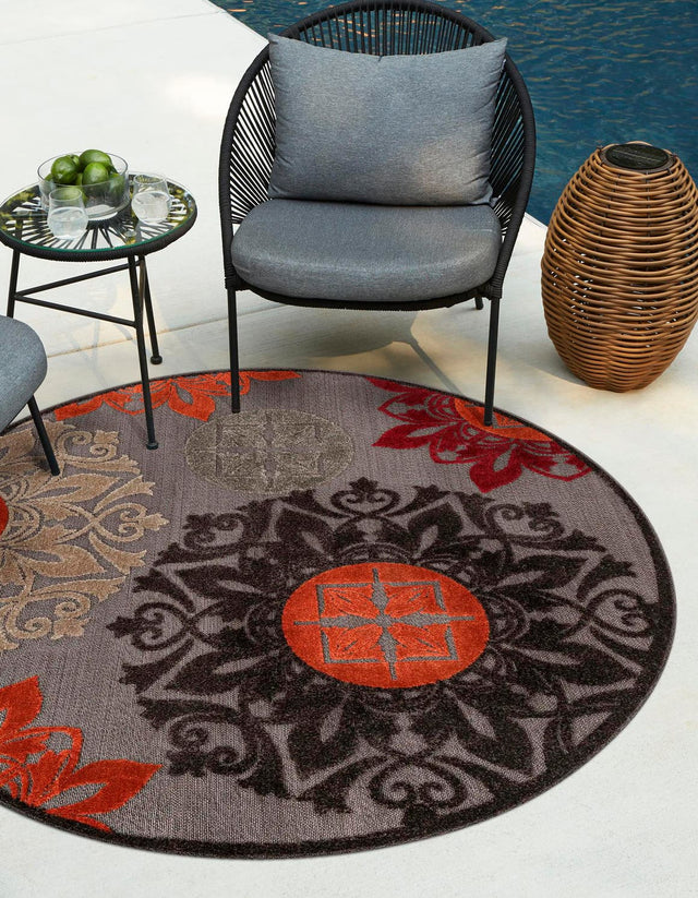 Brown 5' 3 x 5' 3 Outdoor Modern Round Area Rug Weather Resistant for Patio, Deck, Terrace, Balcony, Porch 100% Polypropylene Modern Outside Carpet for Sale at Rug Engine