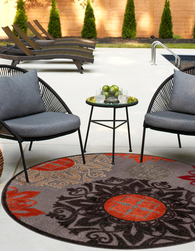 Brown 5' 3 x 5' 3 Outdoor Modern Round Area Rug Weather Resistant for Patio, Deck, Terrace, Balcony, Porch 100% Polypropylene Modern Outside Carpet for Sale at Rug Engine