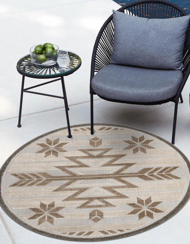 Beige 5' 3 x 5' 3 Outdoor Modern Round Area Rug Weather Resistant for Patio, Deck, Terrace, Balcony, Porch 100% Polypropylene Modern Outside Carpet for Sale at Rug Engine