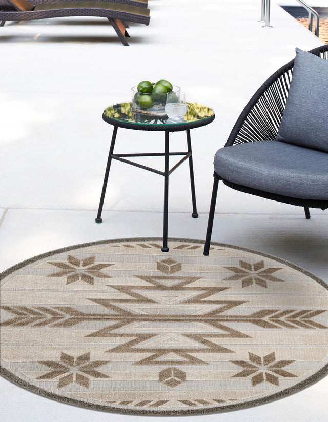 Beige 5' 3 x 5' 3 Outdoor Modern Round Area Rug Weather Resistant for Patio, Deck, Terrace, Balcony, Porch 100% Polypropylene Modern Outside Carpet for Sale at Rug Engine