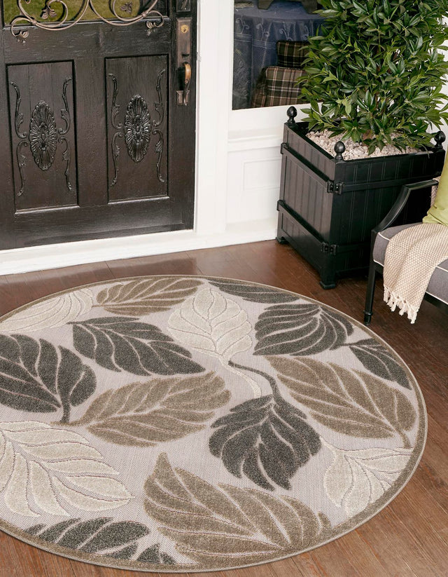 Beige 5' 3 x 5' 3 Outdoor Botanical Round Area Rug Weather Resistant for Patio, Deck, Terrace, Balcony, Porch Polypropylene Garden Floral Tropical Carpet for Sale at Rug Engine