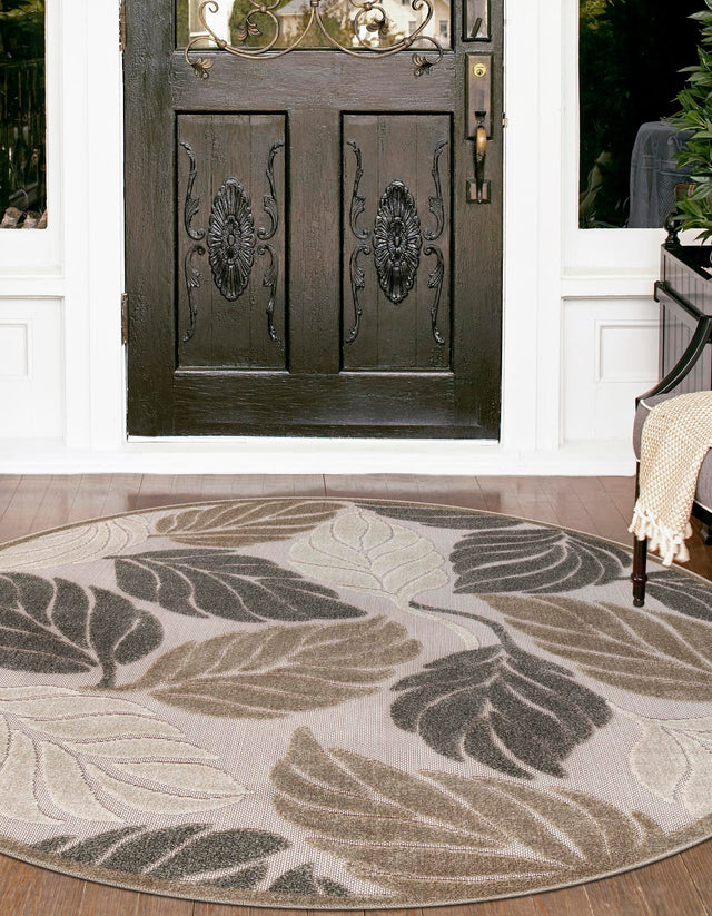 Beige 5' 3 x 5' 3 Outdoor Botanical Round Area Rug Weather Resistant for Patio, Deck, Terrace, Balcony, Porch Polypropylene Garden Floral Tropical Carpet for Sale at Rug Engine