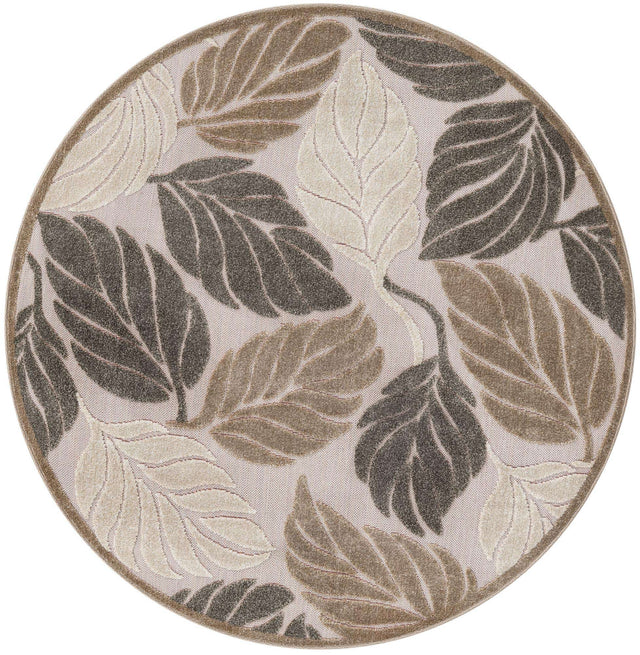 Beige 5' 3 x 5' 3 Outdoor Botanical Round Area Rug Weather Resistant for Patio, Deck, Terrace, Balcony, Porch Polypropylene Garden Floral Tropical Carpet for Sale at Rug Engine