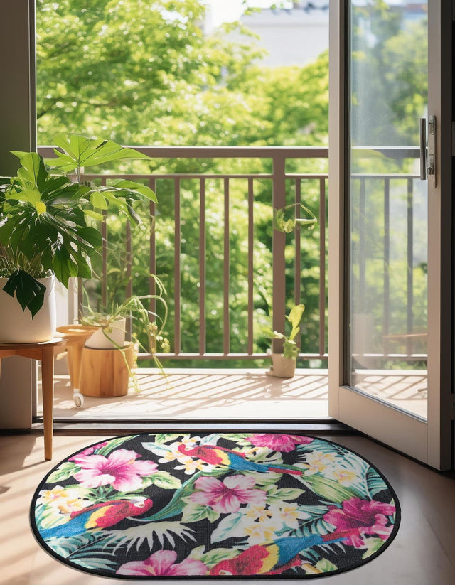 Multicolor 2' x 3' 1 Jill Zarin Caribbean Outdoor Oval Area Rug Weather Resistant for Patio, Deck, Terrace, Balcony, Porch 100% Premium Nylon Pile Coastal Carpet for Sale at Rug Engine