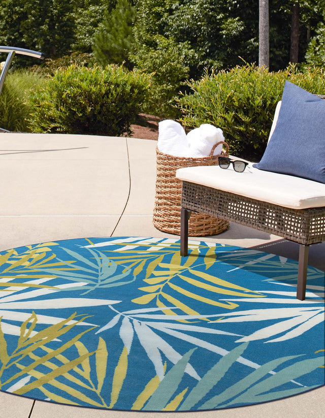 Blue 10' x 10' Jill Zarin Caribbean Outdoor Round Area Rug Weather Resistant for Patio, Deck, Terrace, Balcony, Porch 100% Premium Nylon Pile Coastal Carpet for Sale at Rug Engine