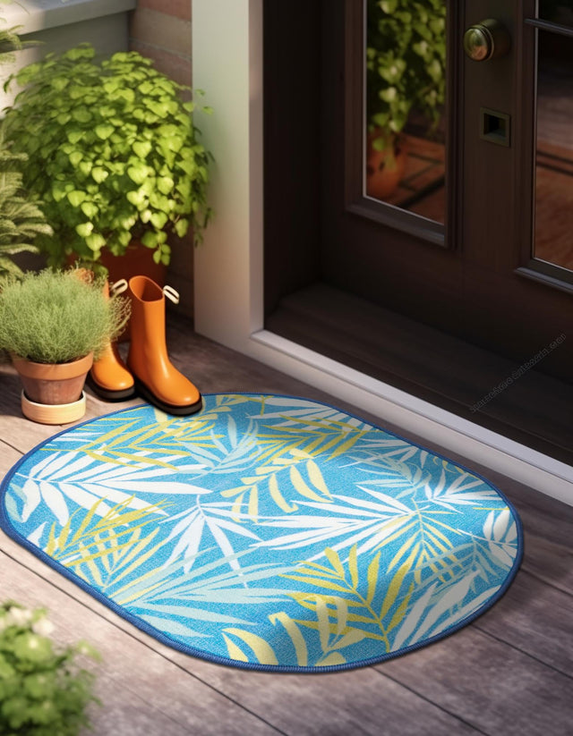Blue 2' x 3' 1 Jill Zarin Caribbean Outdoor Oval Area Rug Weather Resistant for Patio, Deck, Terrace, Balcony, Porch 100% Premium Nylon Pile Coastal Carpet for Sale at Rug Engine