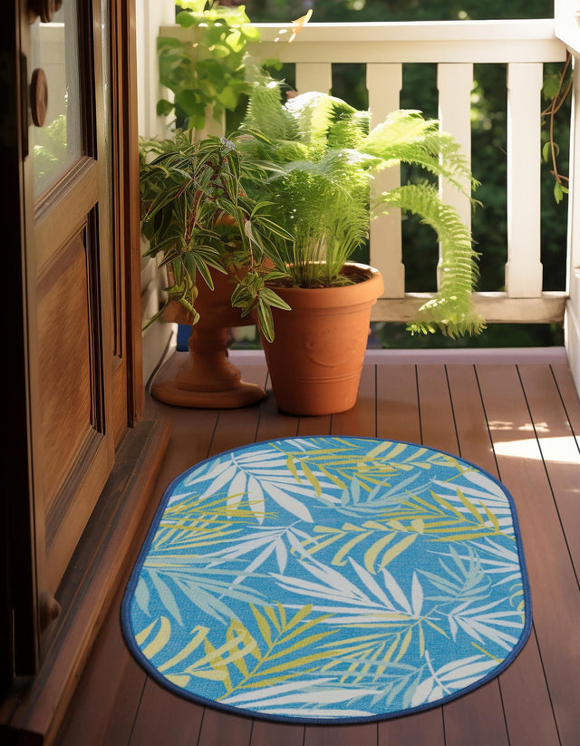 Blue 2' x 3' 1 Jill Zarin Caribbean Outdoor Oval Area Rug Weather Resistant for Patio, Deck, Terrace, Balcony, Porch 100% Premium Nylon Pile Coastal Carpet for Sale at Rug Engine