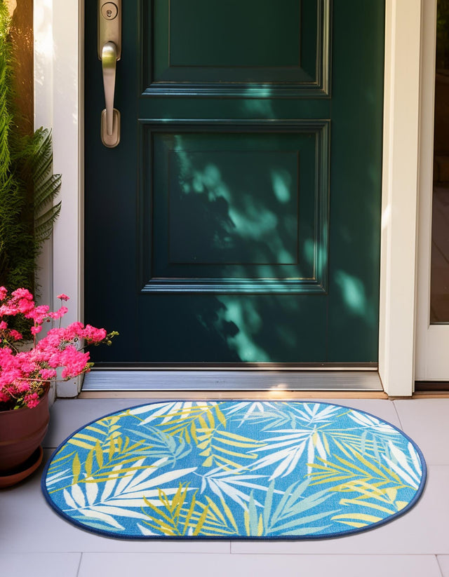 Blue 2' x 3' 1 Jill Zarin Caribbean Outdoor Oval Area Rug Weather Resistant for Patio, Deck, Terrace, Balcony, Porch 100% Premium Nylon Pile Coastal Carpet for Sale at Rug Engine