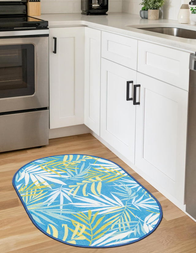 Blue 2' x 3' 1 Jill Zarin Caribbean Outdoor Oval Area Rug Weather Resistant for Patio, Deck, Terrace, Balcony, Porch 100% Premium Nylon Pile Coastal Carpet for Sale at Rug Engine
