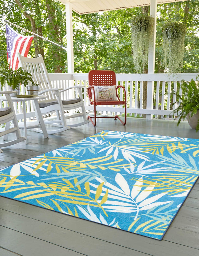 Blue 4' 1 x 6' 1 Jill Zarin Caribbean Outdoor Rectangle Area Rug Weather Resistant for Patio, Deck, Terrace, Balcony, Porch 100% Premium Nylon Pile Coastal Carpet for Sale at Rug Engine