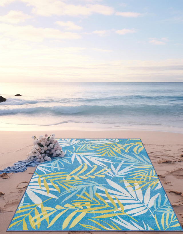 Blue 4' 1 x 6' 1 Jill Zarin Caribbean Outdoor Rectangle Area Rug Weather Resistant for Patio, Deck, Terrace, Balcony, Porch 100% Premium Nylon Pile Coastal Carpet for Sale at Rug Engine