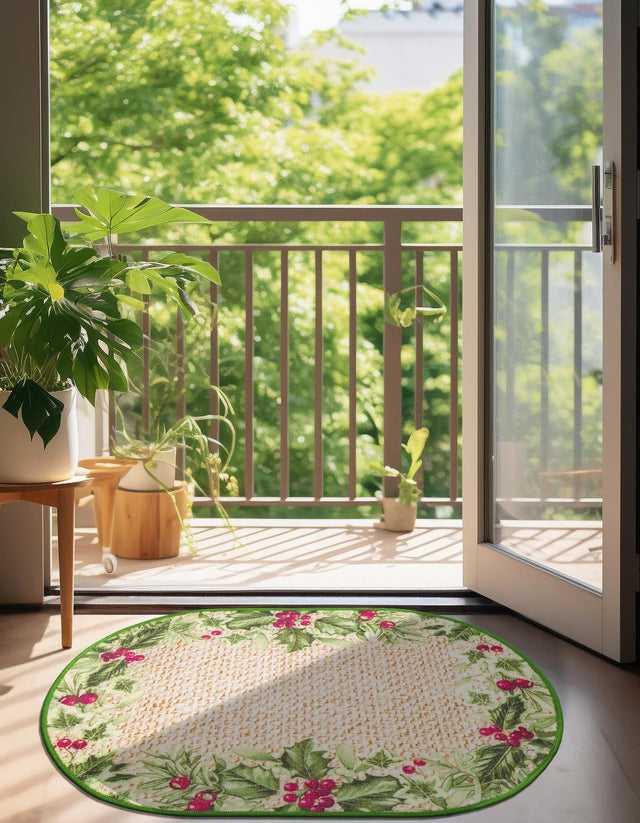 Beige and Green 2' x 3' 1 Jill Zarin Caribbean Outdoor Oval Area Rug Weather Resistant for Patio, Deck, Terrace, Balcony, Porch 100% Premium Nylon Pile Coastal Carpet for Sale at Rug Engine