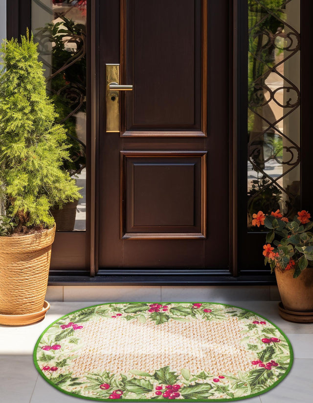 Beige and Green 2' x 3' 1 Jill Zarin Caribbean Outdoor Oval Area Rug Weather Resistant for Patio, Deck, Terrace, Balcony, Porch 100% Premium Nylon Pile Coastal Carpet for Sale at Rug Engine